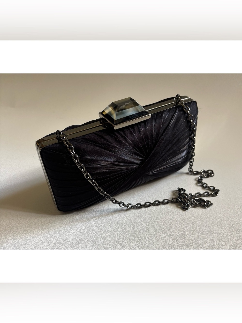 Vintage Sondra Roberts Hollywood Black Satin Pleated Evening Clutch in Black